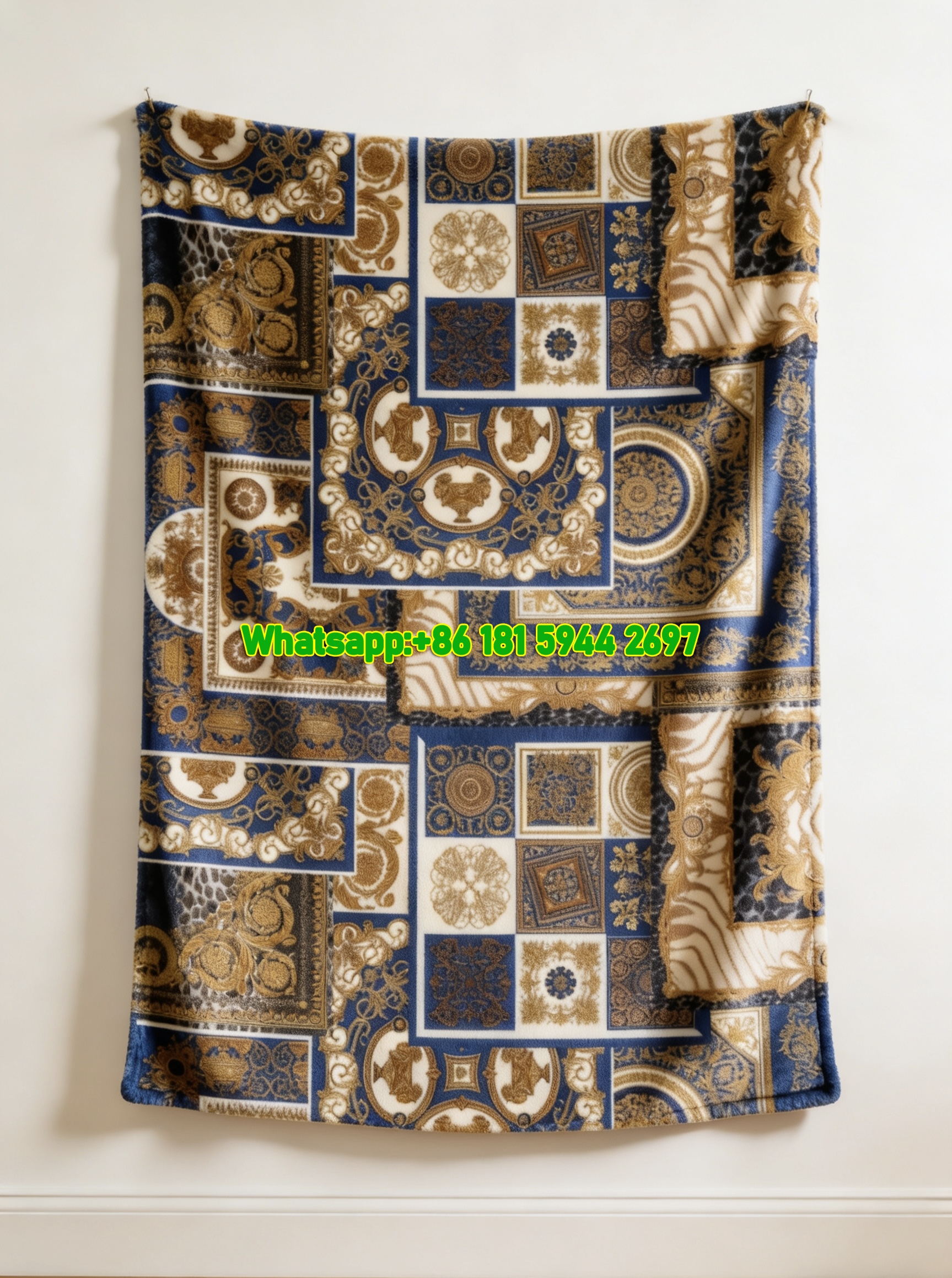 Versace Blue and Gold Baroque Patchwork Pattern Flannel Throw Blanket IMG_1457